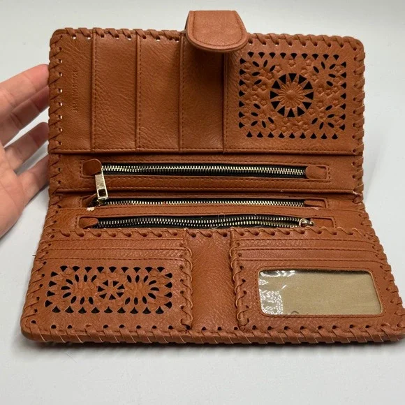 Madison West Brown Faux Leather Laser Cut Bifold Wallet Clutch Snap Closure - Picture 7 of 8